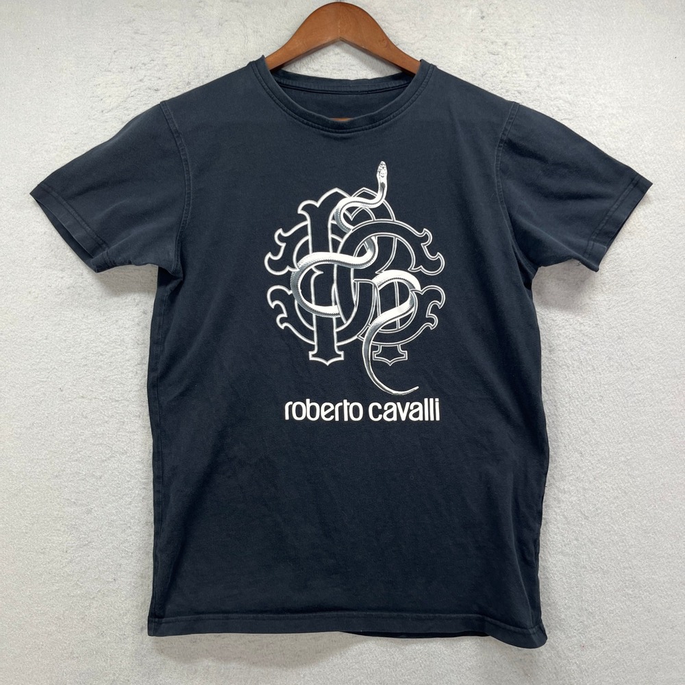 Roberto Cavalli T Shirt Mens Small Black Snake Logo Graphic Tee Designer Luxury